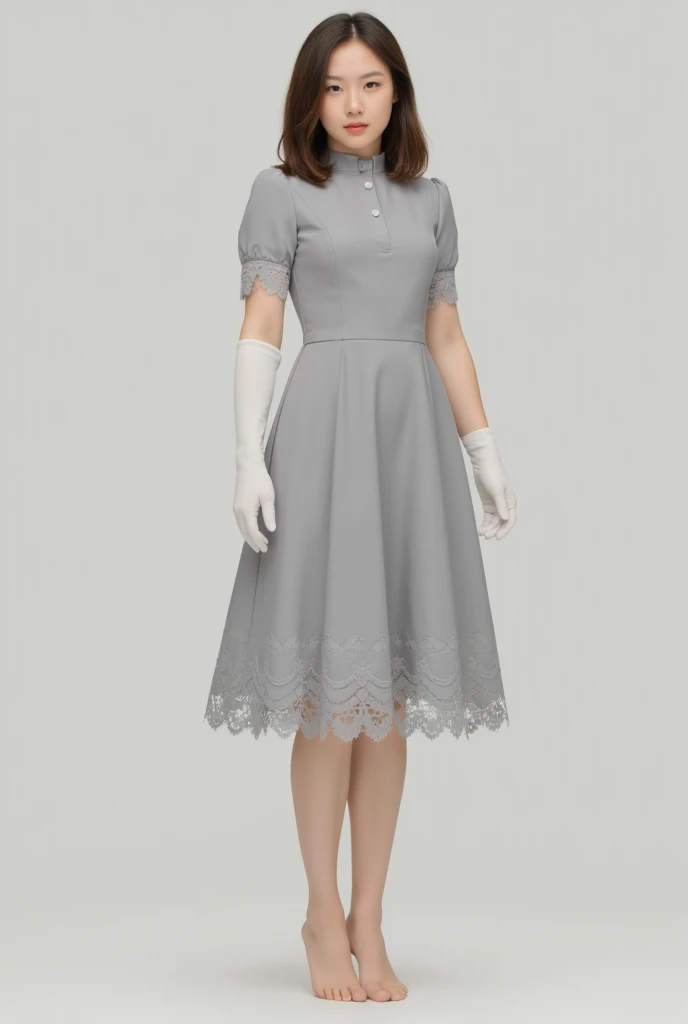 The image shows a giant female character standing against a simple background. She has shoulder-length brown hair, fair skin, and is wearing a light gray dress with lace detailing on the hem and cuffs. The dress has short sleeves and a high neckline, compl...