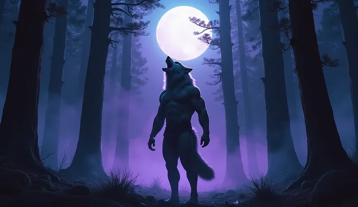 Man stands, his body is very muscular, he has the face of a wolf in a heartbreaking howl, his wild and ferocious face illuminated by the intense light of a bright full moon, surrounded by a supernatural atmosphere. His sharp fangs shine as he roars towards...