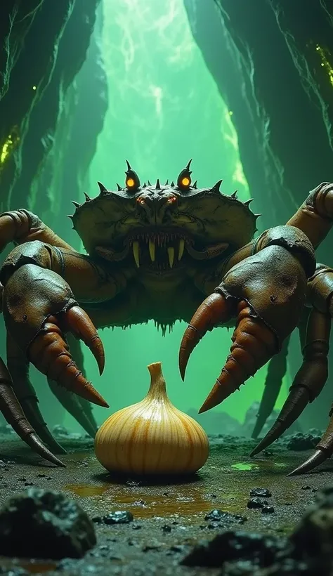 "A massive crab with sharp, spiked pincers and fiery yellow eyes stands menacingly on jagged, rocky terrain near a sulfuric seaside cave. The crabs exoskeleton is rugged and weathered, emitting faint sulfurous mist. Facing it, a giant, bulbous garlic rests...