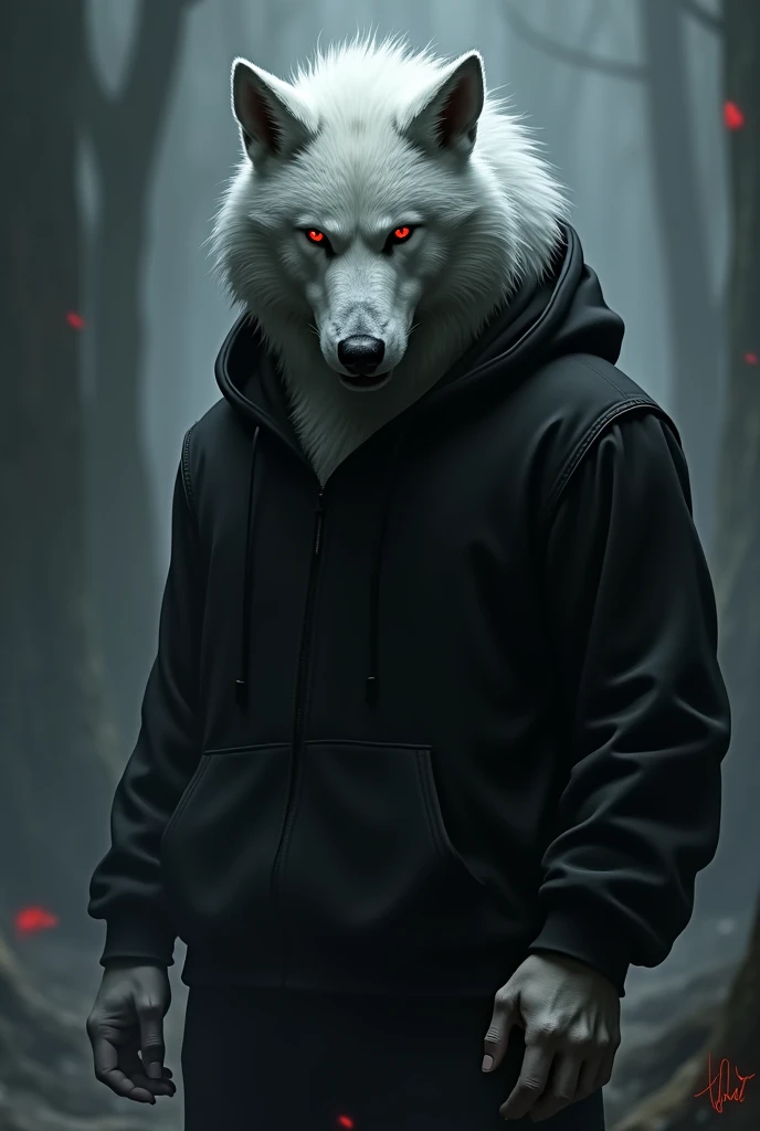 Furry, white werewolf, male wolf, lone, red eyes, head slightly bowed, looking straight ahead, wearing black hoodie, hood on head
