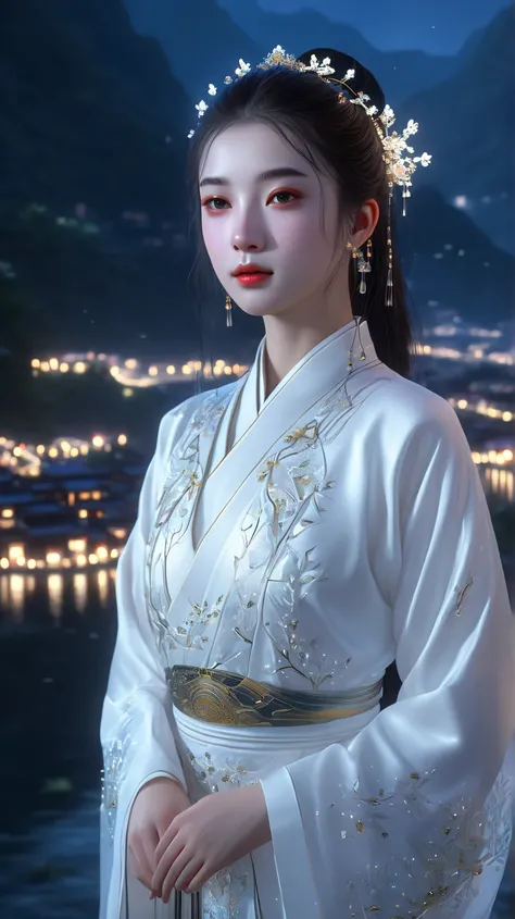 best quality, masterpiece, highres,, 1girl, Detailed face, (Upper body:1.6), Cyber cities, mountains and rivers, night, firefly lights, Realistic, rich in detail, (White hanfu:1.2), (beautiful body:1.4),