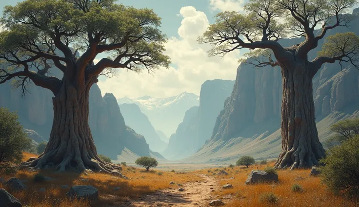 des grandes montagnes sacrées, là où les esprits des ancêtres reposaient. base toi sur la tradition africaine avec des gros baobabs au alentour avec un aspect mystérieux 