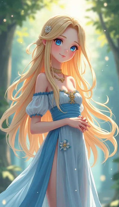 anime style, god Hermaphrodite was fused to beautiful nymph Salmacis. Salmacis was merged with Hermaphrodite, they are mixing them and alone together, transform Hermaphrodite as cute lady androgynious. light blue eyes, with long flowing blonde hair, white ...