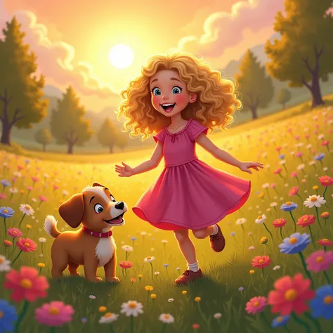 "Illustration of a  with curly golden hair wearing a bright pink dress, laughing and playing in a colorful meadow filled with flowers. Beside her is a playful puppy with big floppy ears, wagging his tail enthusiastically. The sun is setting, casting a warm...