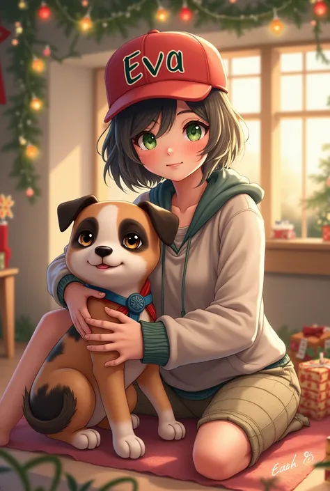  Beautiful girl with short wavy hair,with glasses and green eyes,  dressed casually ,  wearing a hat that reads Eva and a small dog with brown and white spots in a room decorated for Christmas 