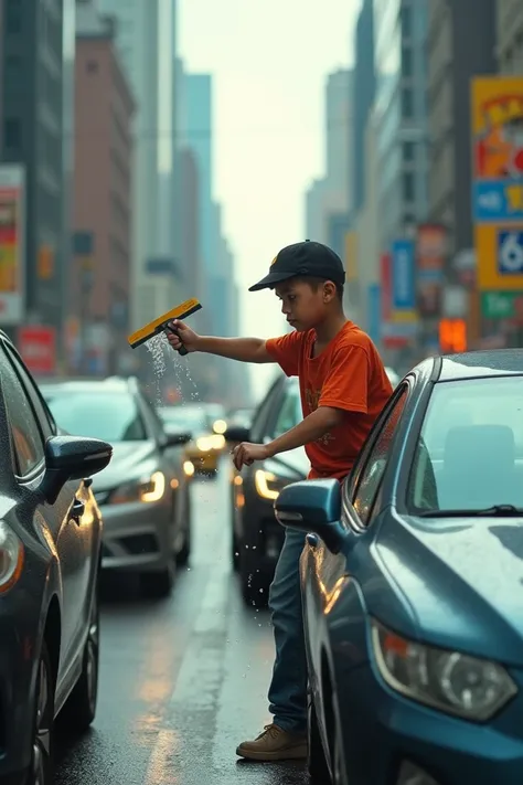 Video of a boy cleaning windshields 