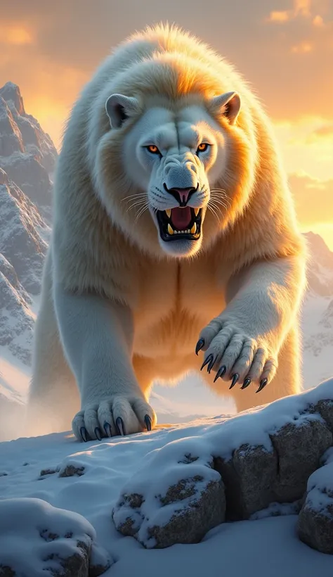 A fierce and monstrous hybrid creature, born from the fusion of a lion and a polar bear, in a snowy mountain landscape during a breathtaking sunset. The creature features the majestic golden mane of the lion seamlessly blending into the massive, muscular b...