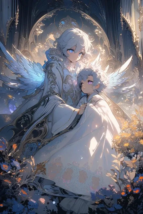 

" A detailed and moving scene of an adorable angel boy ,  with small, shiny wings ,  being affectionately cared for by an older demon girl ,  who acts as a protective mother .  The boy is sitting in her lap while she covers him with a warm blanket,  demo...