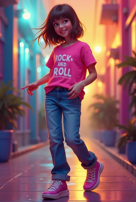 a tall girl  , white,  Beautiful body,  shoulder length brown hair ,  with fringes to the side ,  brown eyes , smiling happily,  with a pink t-shirt written Rock and Roll ,  with jeans and colored sneakers . Ela está de corpo inteiro dançando feliz ao lado...