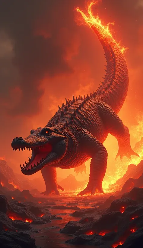 "A massive crocodile with jagged, fiery scales and a sinuous tail lashes through the scorched ground of a burning, apocalyptic swamp. Its molten claws scorch the earth as its piercing red eyes glare menacingly. Facing it, an enormous chili pepper rests, gl...