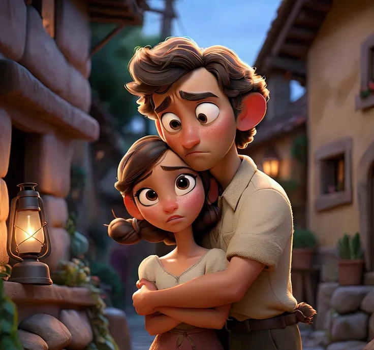 " José and Maria in front of a stone inn on a narrow street full of people.  Josés expression is concerned ,  while Maria is tired . The scenario is simple, with torches on the wall , disney style/ Pixar 3D with a cozy and classic atmosphere .