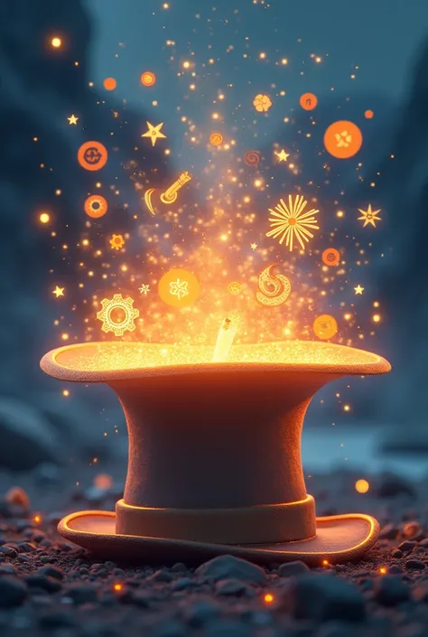 A magical, glowing hat overflowing with 3D and 2D graphic design tools and symbols (like pens, brushes, vectors, 3D models, color palettes). The style should be whimsical and magical, with a strong emphasis on vibrant, glowing lighting and a sense of dynam...