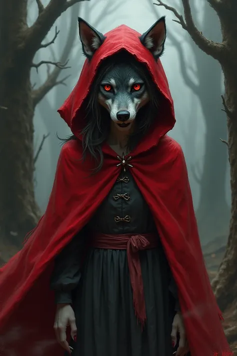 Create a fusion of a wolf and Little Red Riding Hood 