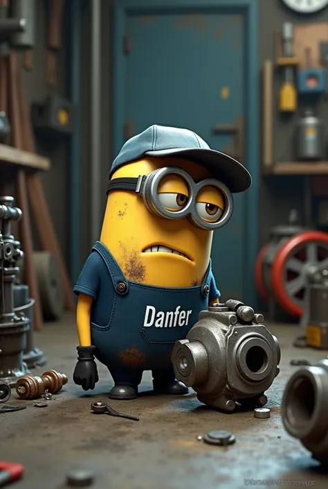 Create images of a Minion from the movie Despicable Me wearing a cap dressed in a navy blue t-shirt written DANFER,CCA gray ,bota,.  He is repairing a CASE .  excavator. He is dirty with oil and grease and looks boring .   The scenario is a hydraulic pump ...