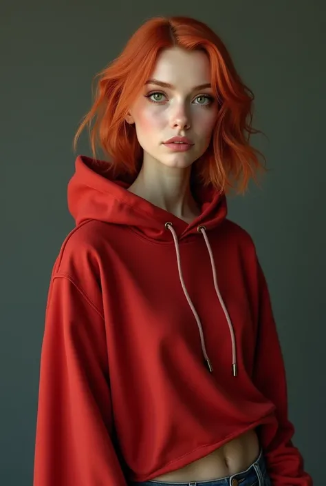  old woman with copper hair, white skin, green eyes, portrait photo, in a long cape, a red sweatshirt, she wears short shorts with her butt showing, beautiful and detailed eyes, detailed and beautiful lips, eyes and face extremely detailed, long eyelashes,...