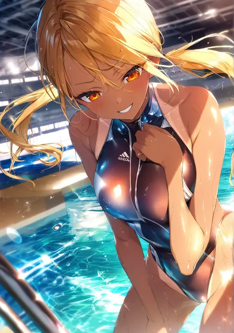 1 girl, Game CG, masterpiece, 8k, 
Dutch angle, photo taken from bellow,
 looking down, hand on own cheek, condescending expression, evil grin,
(blond Hair, straight long twintail, Right-side parting bangs, Beach waves hair, orange eyes,), ((dark skin, tan...