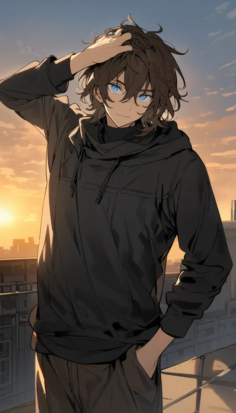 A man brown messy medium lenght hair, black hoodie (black turtleneck under uniform), at rooftop with sunset behind, one hand on head other hand in pocket, blue-grayed eyes, closed smile on face, high quality face