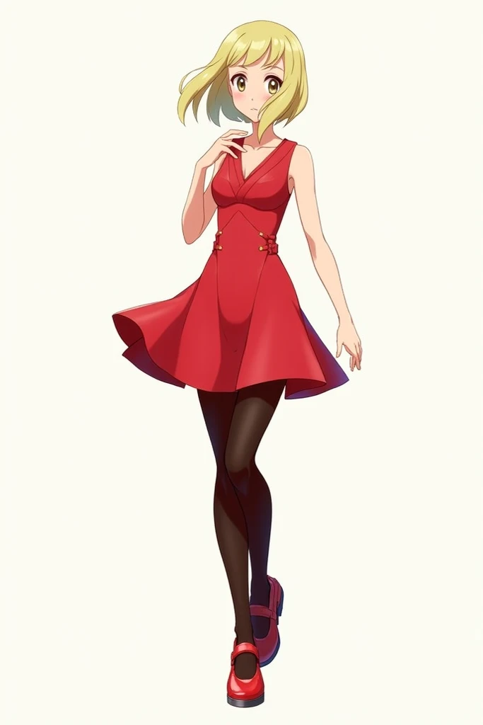 Serena from pokemon red dress on nylon tigths on high heels on full body from head to toe view