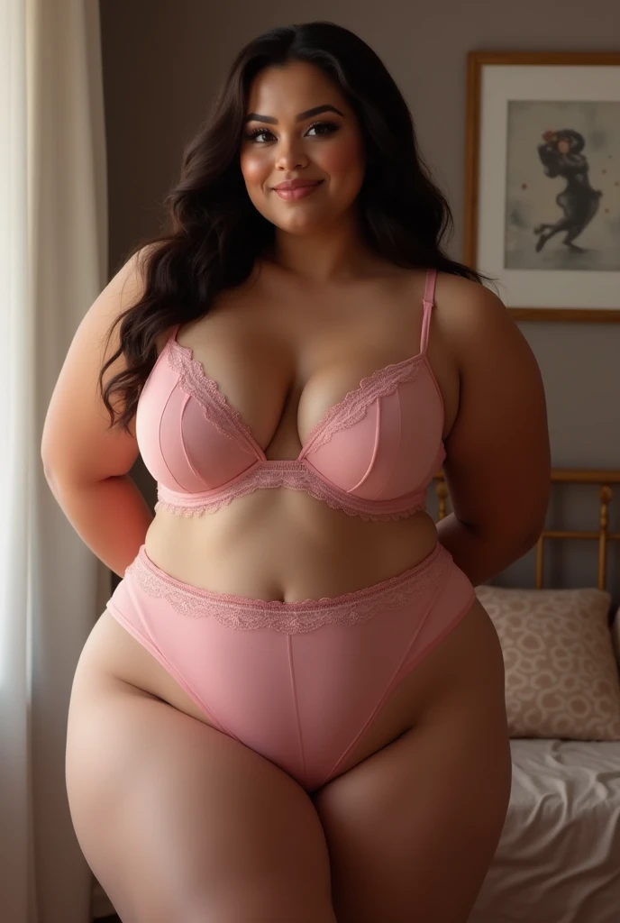 Chubby woman shows off her tits in pink lingerie