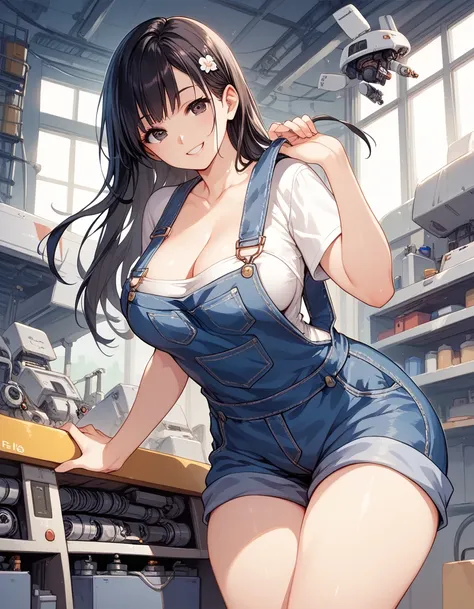 sexy girl, long black hair, mechanics, work overalls, full of fat, overalls, side breasts, cleavage, smile, mechanical workshop, manga style
