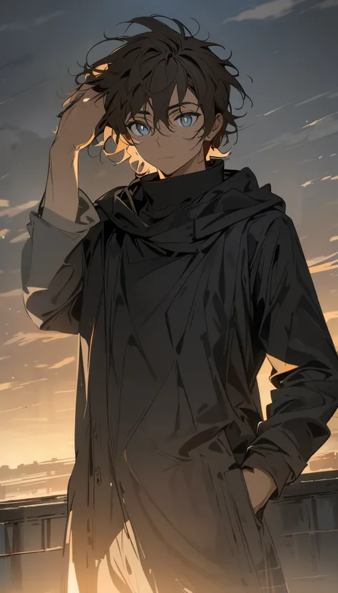 A man brown messy medium lenght hair, black hoodie (black turtleneck under uniform), at rooftop with sunset behind, one hand on head other hand in pocket, blue-grayed eyes, closed smile on face, high quality face, perfect art, white pupils, white iris