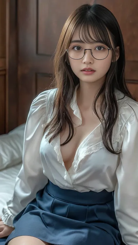 ((  best quality)), ((傑  best quality、masterpiece、High sensitivity、  High Definition to keep your legs loosely aligned 、  Details、   delicate face that inverts the skirt)),  Slender Woman、Glasses、 Shirtless、 hide your chest with both hands、  Blakes movie s...