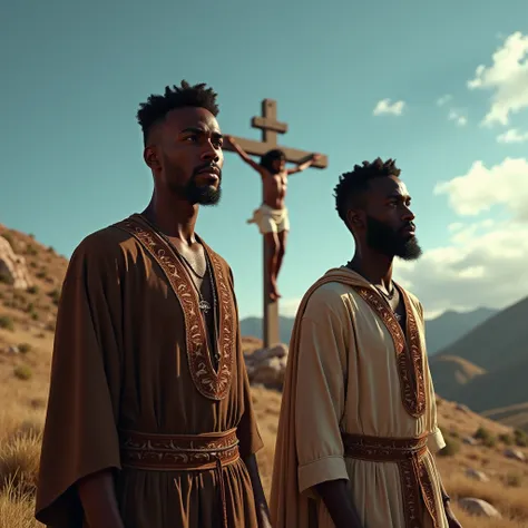 (photorealism:1.2), 2 young black men in the hills, 2000 years ago in israel, crusifix behinc them in background