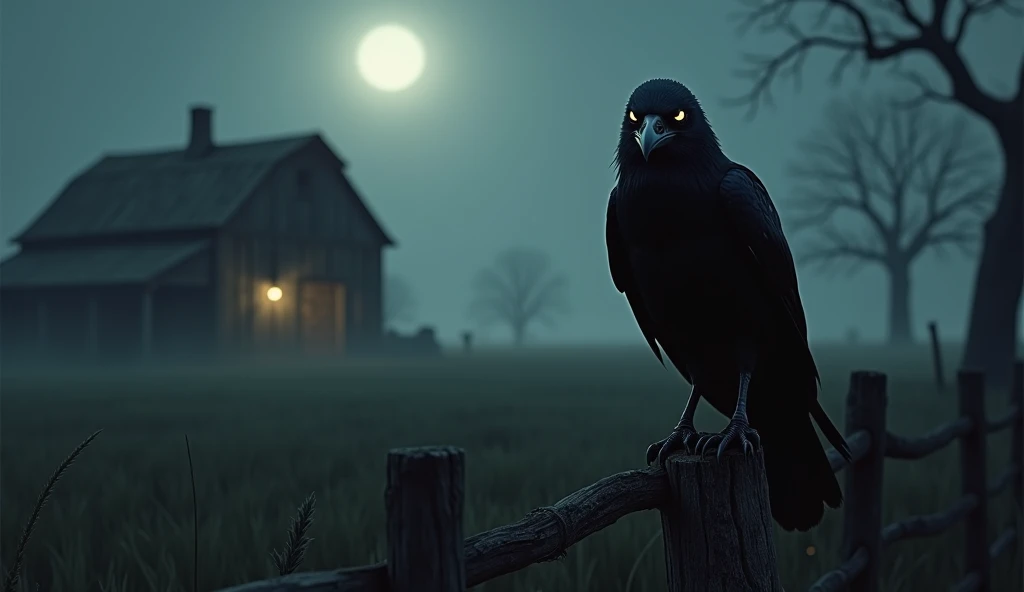 A hyper-realistic and chilling depiction of a rural farm at night, with a sinister atmosphere evoking the feeling of a horror film. The central focus is a black crow perched ominously on the rough wooden post of a weathered fence. Its sleek, glossy feather...