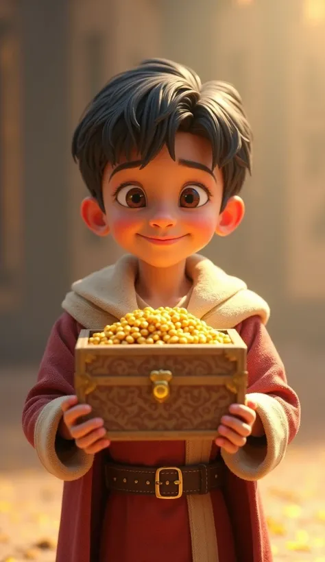 Create a 3D Disney style illustration of King Melchor as a tender boy who carries a chest of gold in his hands and looks at the camera in a tender way 