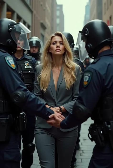 beautiful blonde reporter scared and handcuffed being arrested by police officers in riot gear