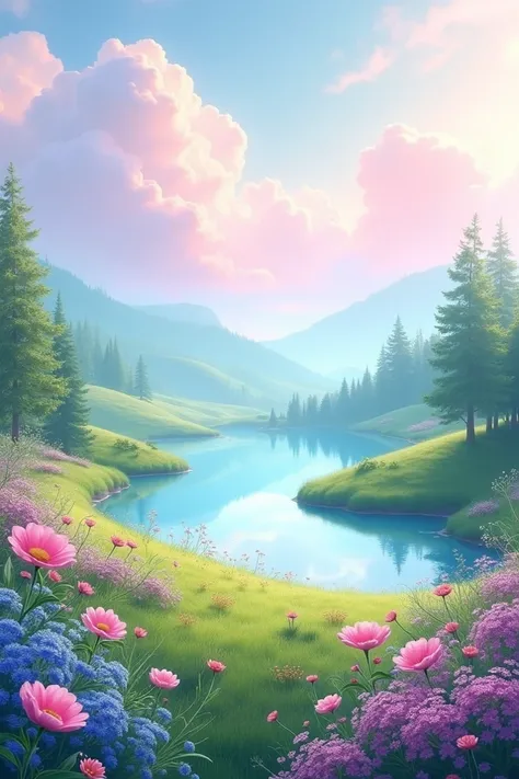 Romantic nature scenery with pink, purple, blue and turquoise color palette 