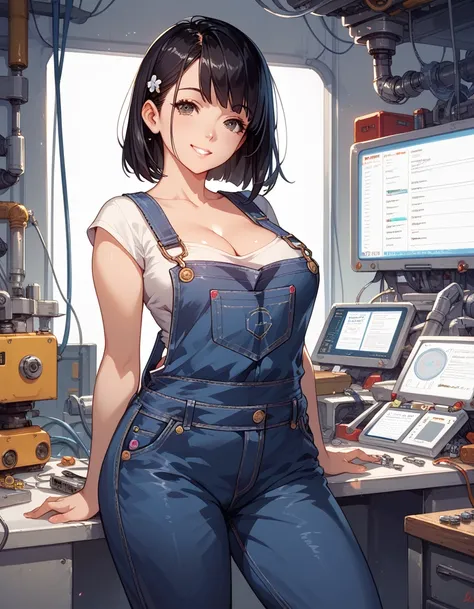 sexy girl, long black hair, mechanics, work overalls, full of fat, overalls, side breasts, cleavage, smile, mechanical workshop, manga style
