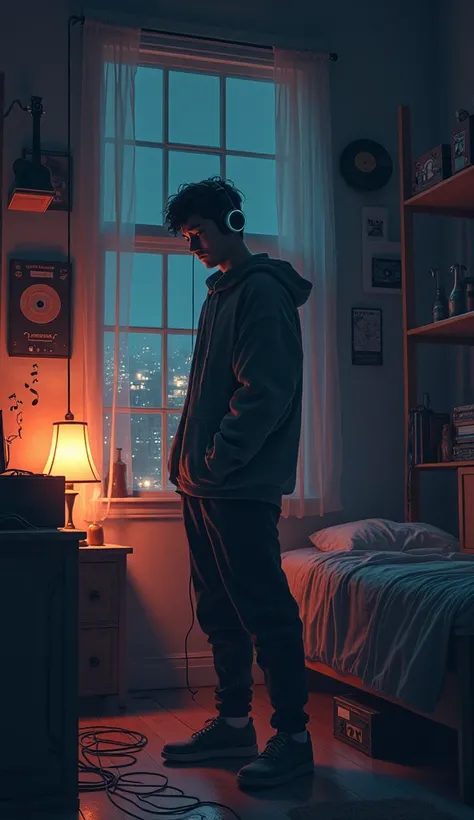 animated illustration Photo of a man listening to music wearing headphones, Text why you, Super detail, Vintage wave, Cyberpunk, Sad atmosphere, Luminous light through the windows, nighttime scene, One bedroom, 2D, (shot from afar), Wide shot, (Noise from ...