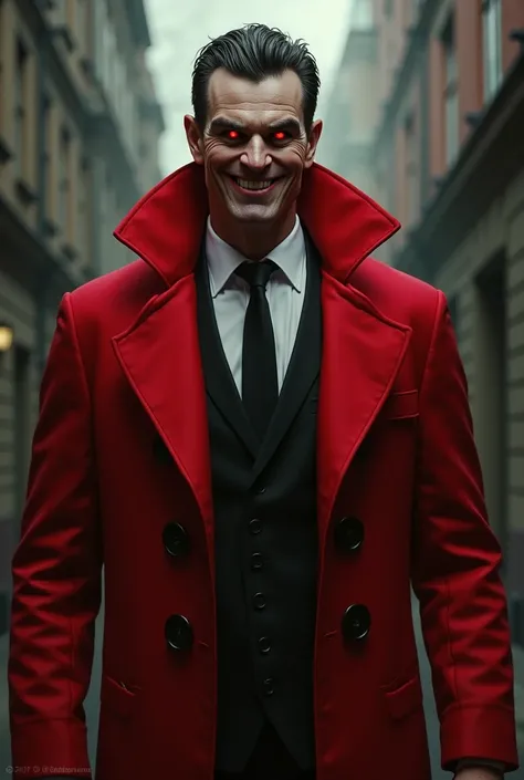  a tall human wearing a red overcoat,  wearing a white suit underneath it ,  always with a smile on his face .  but that smile doesnt seem normal ,  and yes hiding a great evil , And your eyes shine with malice .