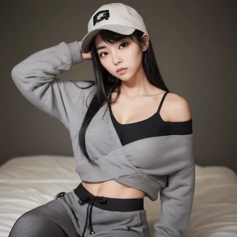 japanese teenage,((medium hair,black hair,middlepart,straight hair,thin eyebrows ,black eyebrows,Upturned eye,Asian eyes,oblong face,angled eyebrows)),BREAK (black thongs:1.3),(hip-huggers gray Sweat pants:1.5),(black G-String:1.5),(covering chest by hand:...