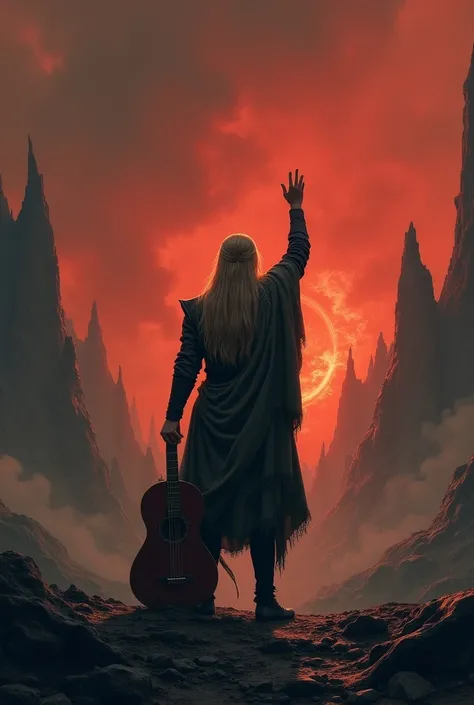 Lord of the Rings, legoless holding a guitar with the left hand by the neck and holding the right one up in Mordor 