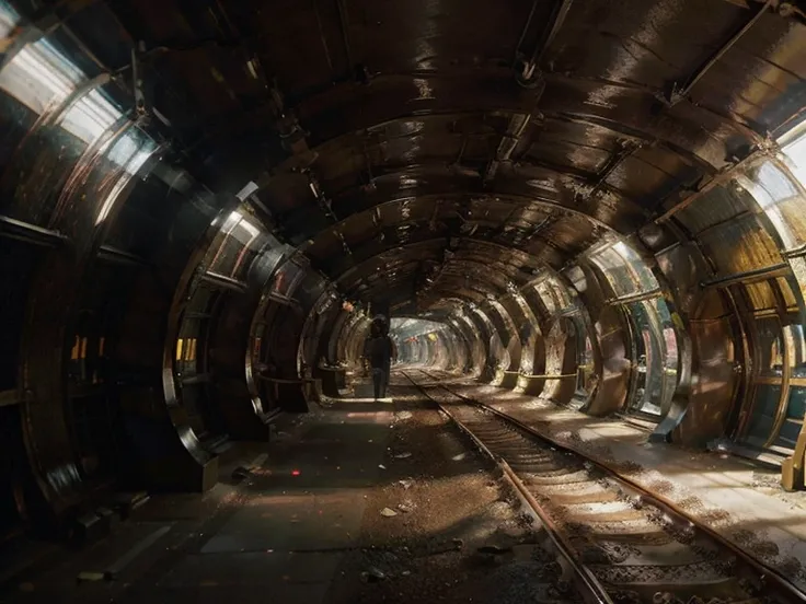 Each tunnel transforms the trains design, evolving it from a classic steam locomotive into sleek, futuristic shapes. The atmosphere is ethereal, with vivid colors blending into one another, and the tunnels pulsate with otherworldly light and energy, emphas...