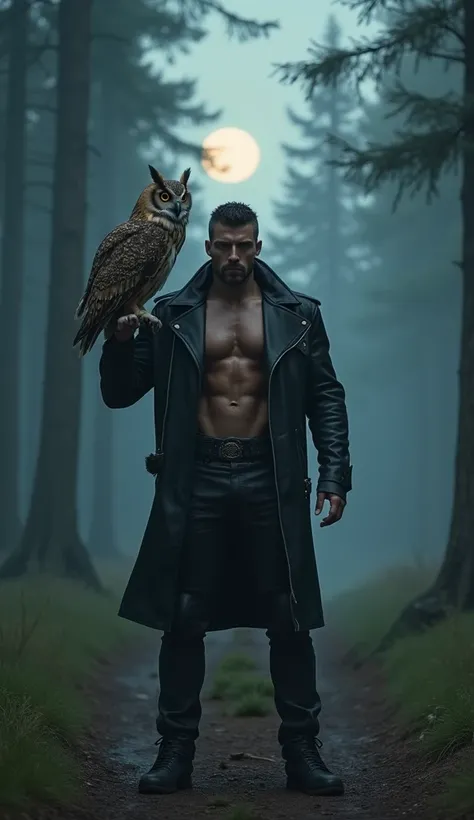 A muscular man wearing a black leather jacket, holding a regal owl perched on his arm, standing on a misty forest path at dusk, subtle moonlight piercing through the trees, hyperrealistic textures, sharp focus on the subject, detailed feathers and leather ...