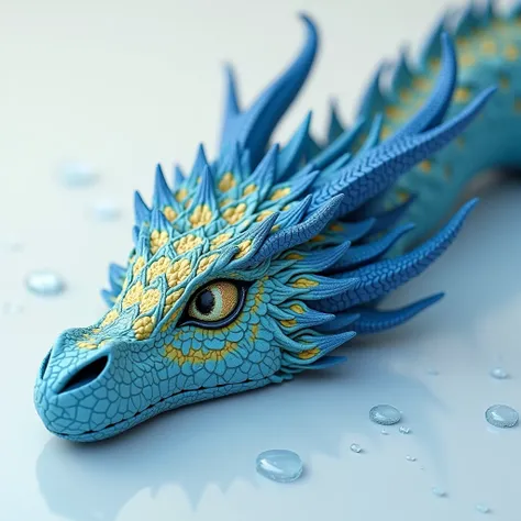 a close up of a large blue and yellow dragons scale on a white surface, a digital rendering by Adam Manyoki, deviantart, hurufiyya, raindrop, fluid sim, water element, watercore, krita, water type, turbosquid, nano, water droplet, avatar image, tear drop, ...