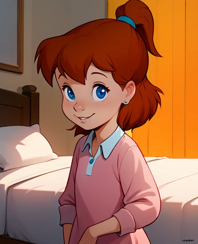 score_8, score_9, jenny, 1 girl, solo, brown hair, ponytail, blue eyes, earrings, standing, in bedroom, smile, pink pajamas dres...