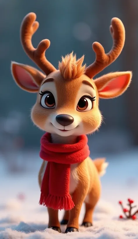  creates a very cute Disney 3D movie reindeer with a charming look looking at the camera .  the reindeer has a red scarf and you can see the texture of its fur and the cotton of its scarf , a charming little reindeer 