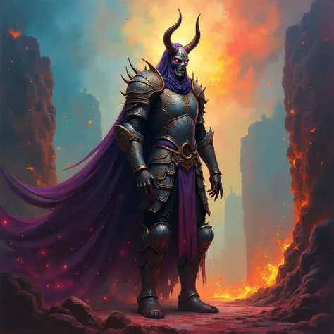 Create an impressionistic painting of a creepy warrior knight wearing a demon mask, nieve, Cosmic ash, fuego, artistic, intrincado