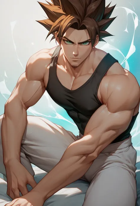  1 man, beautiful,  brown hair ,  tight hair ,saiyan,  vibrant green eyes, anime, 19 years old, 19 years, a small goatee , black tank top, white legs ,  slim , slim body, bleach style, manga art style