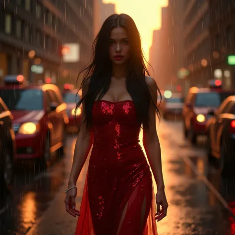  Experience a mesmerizing scene in the heart of a rainy New York City evening. A stunningly beautiful female model, with her long, straight black hair, snow-white skin, and captivating blue eyes, walks down the street wearing a sexy strapless red sequin dr...