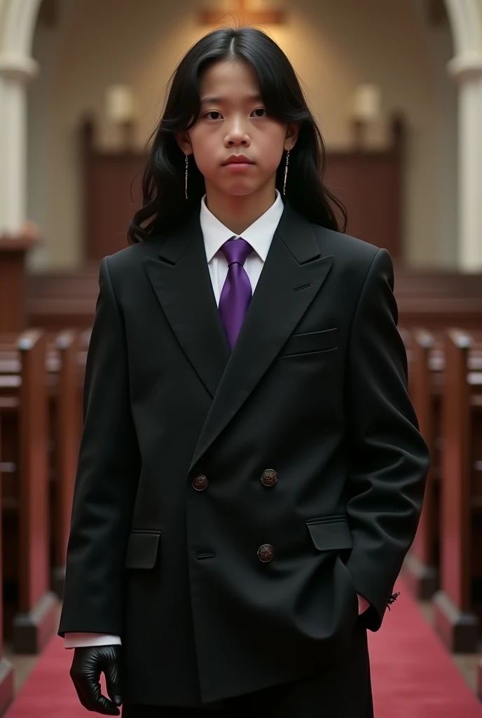 Live Action pre teen Asian boy with Long Flowing black Hair, Wearing a LONG Sleeved, Baggy Black Double Breasted Suit that reaches the ground over a Baggy White Dress shirt Properly Tucked in With The Sleeves with cuffs Covering the Palms and Purple tie ti...