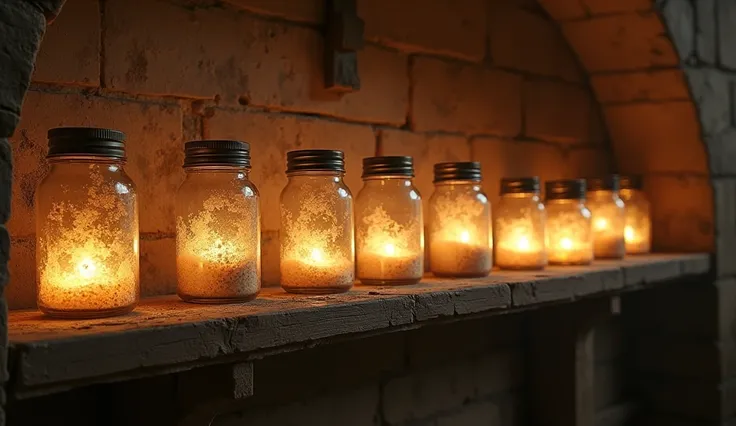 A shelf filled with ancient jars of salt, each with a delicate light emanating from within. The jars should appear weathered, symbolizing timelessness and the enduring power of the covenant with God. The surrounding environment is rustic, with faint glowin...