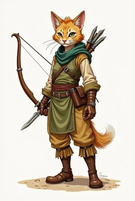 a dungeons and dragons tabaxi rogue. the tabaxi looks like the sand cat species and is in clothes prepared for desert exploration. she has green eyes and is drawn in an illustration style with watercolor. the image is concept art with a fullbody design and...