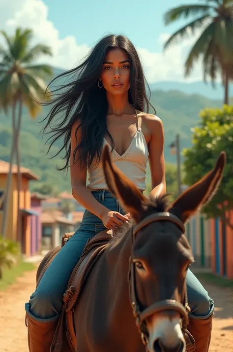 Create a very realistic image of a 28-year-old black-haired light-skinned woman riding a donkey in Bahia
,  I want the very realistic image 
