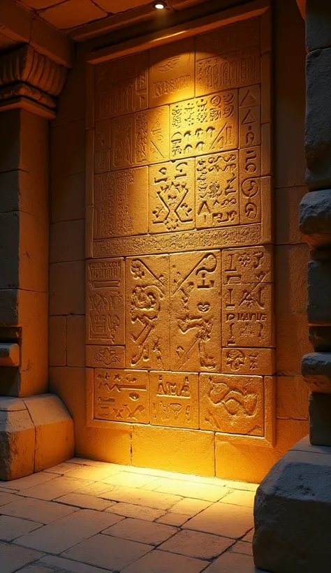  Ancient text carved on an Egyptian stone wall, with symbols and hieroglyphs ,  illuminated by golden light . Disney 3d model