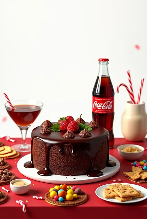 A table with a chocolate cake with a pool of chocolate syrup on top ,  a hundred party snacks and a Coca Cola 2 liters with a white background 